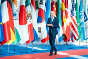 Image showing President Joe Biden arrives at La Nuvola convention center in Rome for the G20 summit, Saturday, October 30, 2021.