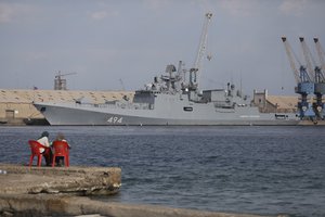 File - A Russian warship is docked in the Port Sudan, in Port Sudan, Sudan, Sunday, Feb. 28, 2021.