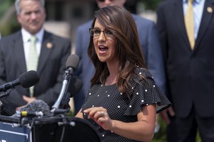 FILE - Rep. Lauren Boebert, R-Colo., speaks at a news conference on Capitol Hill in Washington, July 29, 2021