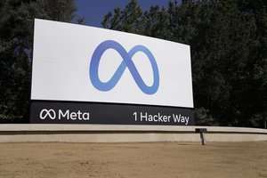 FILE - Facebook unveiled their new Meta sign at the company headquarters in Menlo Park, Calif., on, Oct. 28, 2021.