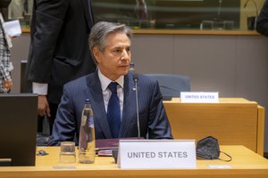 Secretary of State Antony J. Blinken participates in an EU Ministerial Meeting in Brussels, Belgium, on March 4, 2022.