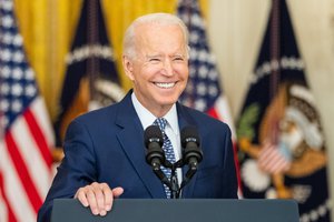 President Joe Biden, joined by Vice President Kamala Harris, delivers remarks on the passing of the bipartisan Infrastructure Investment and Jobs Act, Tuesday, August 10, 2021, in the East Room of the White House