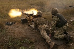 Ukrainian soldiers with the 1st Battalion, 95th Separate Airmobile Brigade train with a DShK 12.7 mm machine gun during a training cycle at the Yavoriv Combat Training Center on the International Peacekeeping and Security Center near Yavoriv, Ukraine