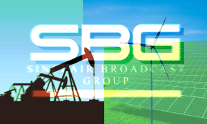 Sinclair Broadcast Group's logo with a background of an oil pump on the left, and a wind turbine with solar panels on the right