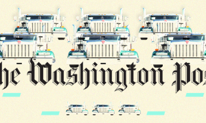 An illustration depicting the Washington Post logo along with images of trucks