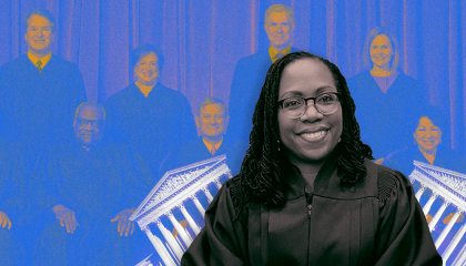 Image of Ketanji Brown Jackson layered on top of the current standing Supreme Court