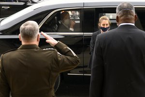 Joe Biden and Kamala Harris meet with Lloyd J. Austin III and Army Gen. Mark A. Milley at the Pentagon, Washington, D.C., Feb. 10, 2021