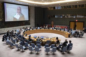 A wide view of the Security Council chamber as Mona Freij (on screen), Civil Society representative, addresses the Council meeting on threats to international peace and security caused by terrorist acts, 07 February 2020.