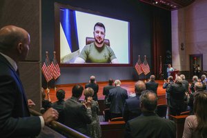 President Volodymyr Zelensky of Ukraine delivers a virtual address to Congress in the U.S. Capitol Visitors Center Congressional Auditorium in Washington, D.C. on Wednesday, March 16, 2022