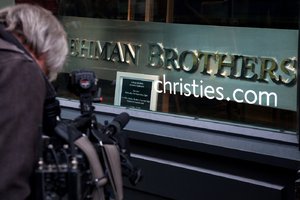 The Lehman Brothers company sign for Auction after bankruptcy at Christie's. London, UK