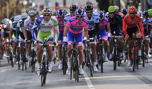 The pack ride at the Volta of Catalunya cycling race in Lloret de Mar, Spain, Monday, March 21, 2011.