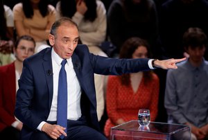 France's far-right candidate for the 2022 presidential election Eric Zemmour speaks during the show "France in the Face of War", in Saint-Denis, north of Paris, Monday, March 14, 2022.