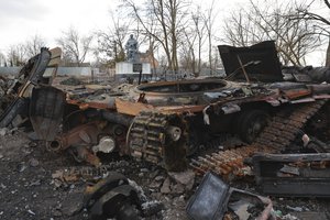 A tank, damaged by fighting between Russian and Ukrainian troops in Lukyanivka, Kyiv region, Ukraine, Monday, March 27, 2022.