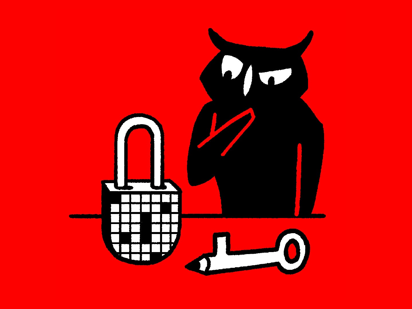 A thoughtful owl looks at a lock displaying a crossword with a pencil for a key on a red background.