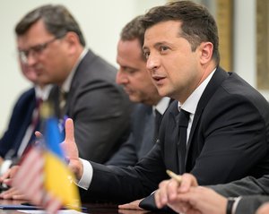 Image showing Ukrainian President Volodymyr Zelenskyy talks during a meeting with NASA Administrator Bill Nelson and other NASA leadership, Tuesday, Aug. 31, 2021, at the NASA Headquarters Mary W. Jackson Building in Washington.