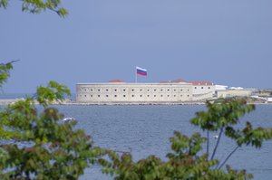 Russian flag on top fortification building, Sevastopol, Crimea