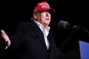 Former President of the United States Donald Trump speaking with supporters at a "Save America" rally at Country Thunder Arizona in Florence, Arizona