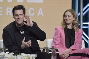 Jim Carrey, left, and Judy Greer participate in the Showtime "Kidding" panel during the Summer 2019 Television Critics Association Press Tour at the Beverly Hilton Hotel on Friday, Aug. 2, 2019, in Beverly Hills, Calif.