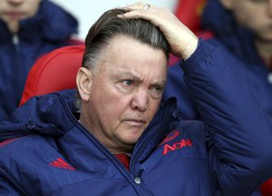 FILE - This is a Saturday, Feb. 13, 2016 file photo of Manchester United's manager Louis van Gaal as he awaits the start of the English Premier League soccer match between Sunderland and Manchester United at the Stadium of Light, Sunderland, England.