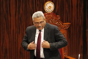 Sri Lankan President Gotabaya Rajapaksa leaves after addressing the parliament during the ceremonial inauguration of the session, in Colombo, Sri Lanka, Friday, Jan. 3, 2020.