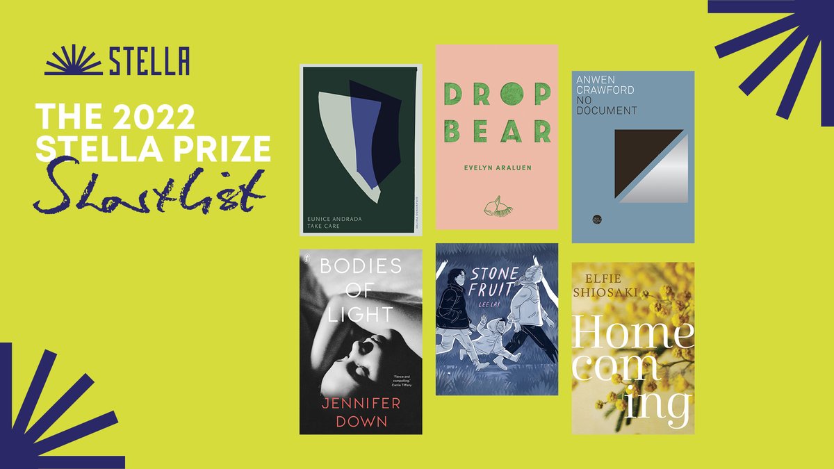 Stella branded announcement tile featuring the book covers of the 2022 Stella Prize shortlist: TAKE CARE by Eunice Andrada; Dropbear by Evelyn Araluen; No Document by Anwen Crawford; Bodies of Light by Jennifer Down; Stone Fruit by Lee Lai; Homecoming by Elfie Shiosaki