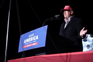 Former President of the United States Donald Trump speaking with supporters at a "Save America" rally at Country Thunder Arizona in Florence, Arizona