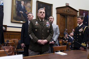 Chairman of the Joint Chiefs of Staff Gen. Mark Milley arrives for a House Armed Services Committee hearing on the fiscal year 2023 defense budget, Tuesday, April 5, 2022, in Washington.