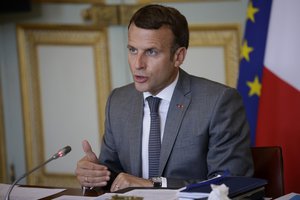 French President Emmanuel Macron gestures as he speaks during a video conference of a France-Oceania Summit at the Elysee Palace in Paris, Monday, July 19, 2021