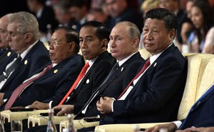 Belt and Road international forum. Right to left: President of China Xi Jinping, President of Russia Vladimir Putin, President of Indonesia Joko Widodo