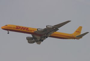 DHL plane Douglas at the DC-8 at Dubai International Airport