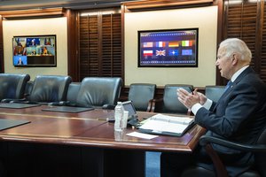 Image showing President Joe Biden participates in a secure video call with European leaders, Monday, January 24, 2022, in the White House Situation Room.