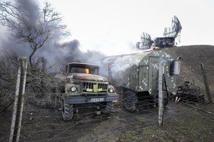 Damaged radar arrays and other equipment is seen at Ukrainian military facility outside Mariupol, Ukraine, Thursday, Feb. 24, 2022