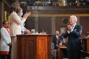 Joe Biden with Kamala Harris and Nancy Pelosi during a speech joint session of Congress, April 2021