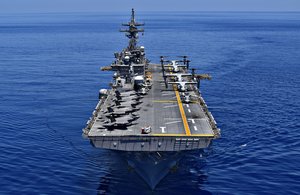 South China Sea - The amphibious assault ship USS Wasp (LHD 1) transits the waters of the South China Sea