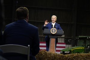 President Joe Biden speaks at POET Bioprocessing in Menlo, Iowa, Tuesday, April 12, 2022.