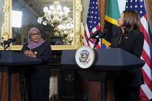 Tanzanian President Samia Suluhu Hassan meets with Vice President Kamala Harris in Harris' ceremonial office in the Eisenhower Executive Office Building on the White House campus, Friday, April 15, 2022, in Washington.