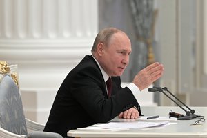 Russian President Vladimir Putin chairs a Security Council meeting in Moscow, Russia, Monday, Feb. 21, 2022