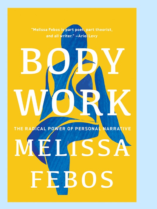 A diptych of the cover of the book Body Work along with its author Melissa Febos.