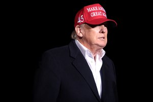 Former President of the United States Donald Trump speaking with supporters at a "Save America" rally at Country Thunder Arizona in Florence, Arizona