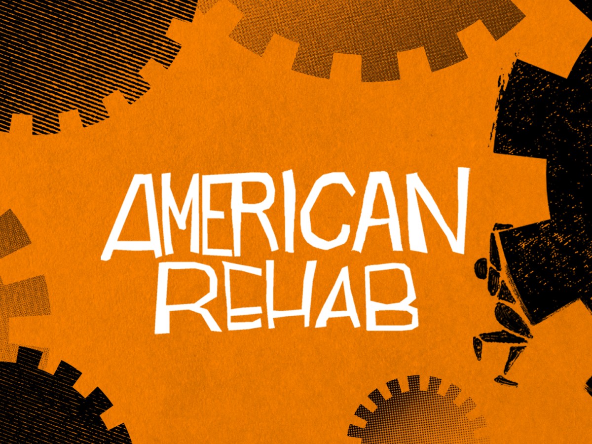 The logo for American Rehab shows an illustrated figure, in black, clinging to a large cog. In the background, other cogs spin against an orange color.