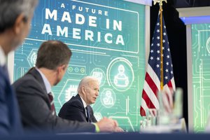 File - President Joe Biden participates in a roundtable with CEOs and Governors in support of the Bipartisan Innovation Act, Wednesday, March 9, 2022, in the South Court Auditorium in the Eisenhower Executive Office Building at the White House.