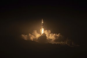 A SpaceX Falcon 9 rocket carrying National Reconnaissance Office mission (NROL-85) launches from Space Launch Complex-4 East at Vandenberg Space Force Base, Calif., on Sunday morning, April 17, 2022.