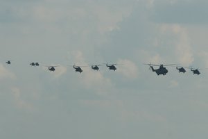 A formation of ten Russian Air Force helicopters were next to give a flyby.