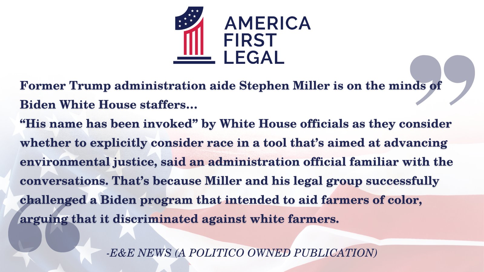 Miller’s America First Legal group — founded with other Trump White House alumni including former chief of staff Mark Meadows — has barraged the Biden administration with legal challenges.

In a big victory for the group, a federal judge last summer blocked a Biden administration plan to distribute $4 billion in aid to farmers of color after Miller’s group argued that it would discriminate against white farmers. The Biden Justice Department declined to appeal the judge’s order in that case.

Miller took a victory lap, declaring in a statement that “Biden’s own DOJ knows that Biden’s scheme to exclude farmers from debt relief based on their skin color is a legal calamity.?

Support AFL → https://www.aflegal.org/