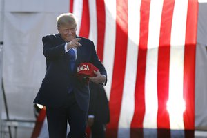 Former President Donald Trump greets supporters at the Save America Rally at the Delaware County Fairgrounds, Saturday, April 23, 2022, in Delaware, Ohio.