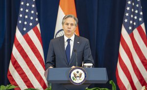 Secretary of State Antony J. Blinken holds a joint press availability with Secretary of Defense Lloyd Austin, Indian Minister of External Affairs Dr. S. Jaishankar, and Indian Minister of Defense Rajnath Singh at the Department of State in Washington, D.C., on April 11, 2022.