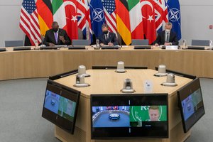 Secretary of State Antony J. Blinken participates in a Framework+UK meeting with U.S. Department of Defense Secretary Lloyd Austin, NATO Secretary General Jens Stoltenberg, German Foreign Minister Heiko Maas, Italian Foreign Minister Luigi Di Maio, Turkish Foreign Minister Mevlut Cavusoglu, and United Kingdom Foreign Secretary Dominic Raab, in Brussels, Belgium on April 14, 2021