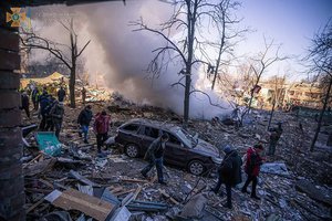 Housing area in Kyiv (Podilskyi District) damaged by remains of a shot rocket in the morning of 18 March 2022, during Russian invasion of Ukraine