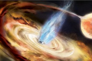 In this illustration, a black hole pulls material off a neighboring star and into an accretion disk.