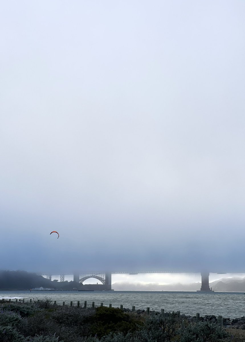 The Golden Gate Bridge obscured by fog. In the foreground are some native plants and a small fence. There is a wind surfer in the bay.